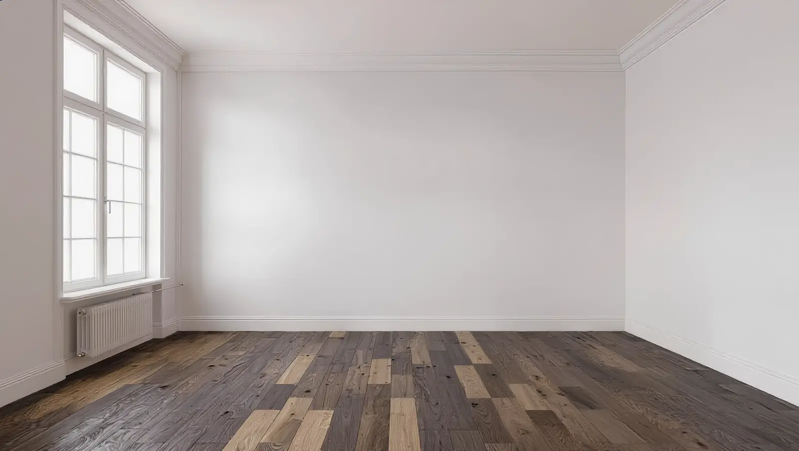 Woonkamer met een oude, versleten houten vloer voor de renovatie